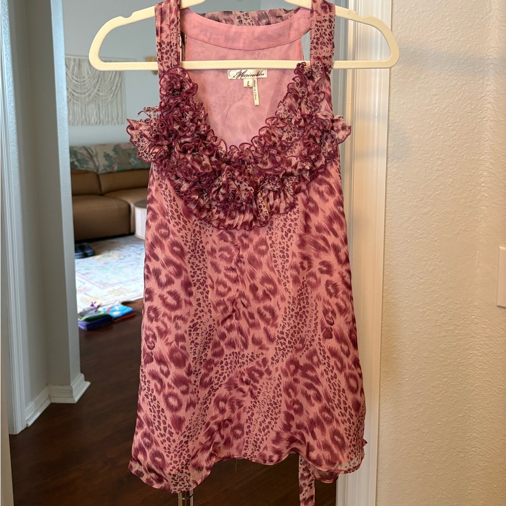 Pink Floral cheetah Ruffle Tank (marineblu)